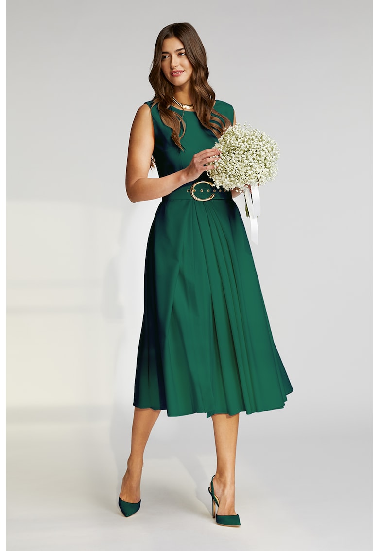 Rochie midi cu croiala in A si curea Vienna - Verde