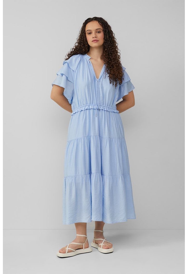 Rochie midi cu croiala in A si volane - Albastru pastel