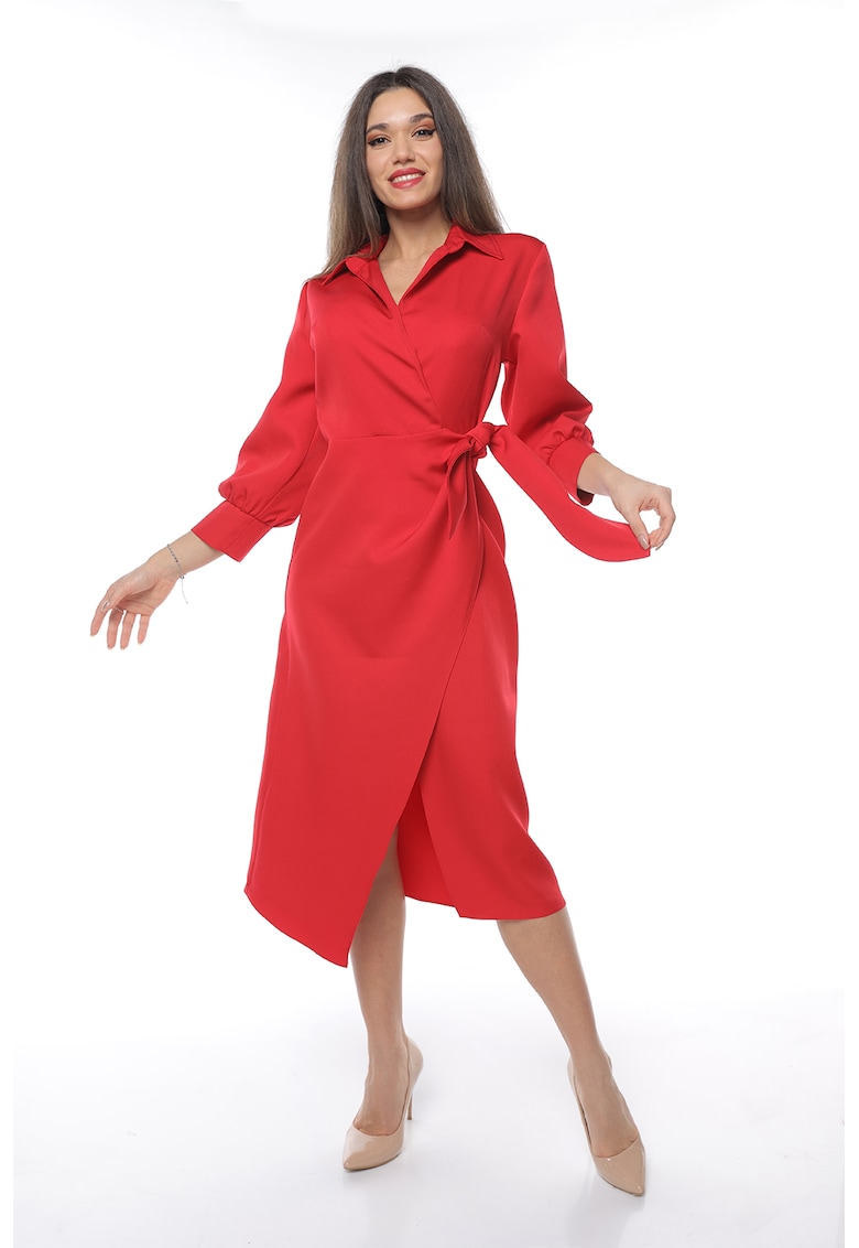 Rochie midi cu croiala petrecuta si slit frontal - Rosu