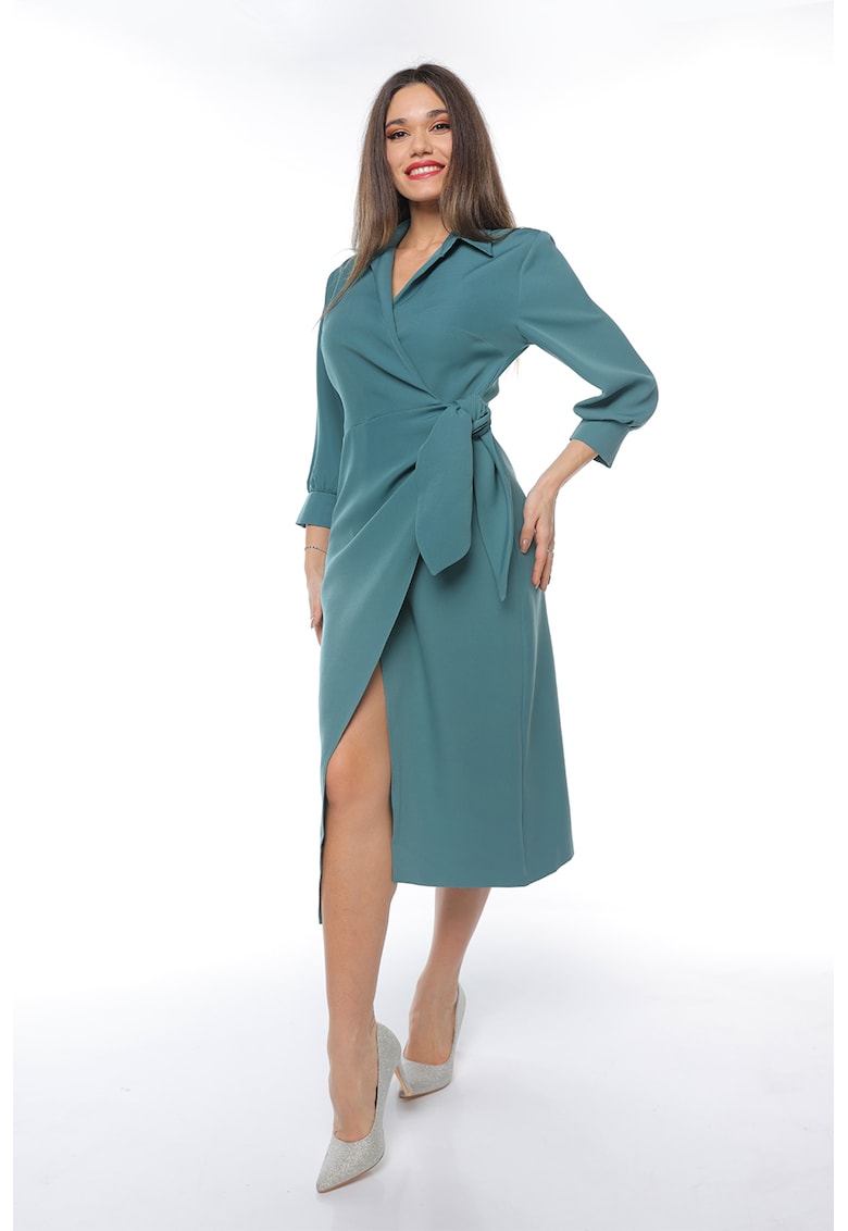 Rochie midi cu croiala petrecuta si slit frontal - Verde persan