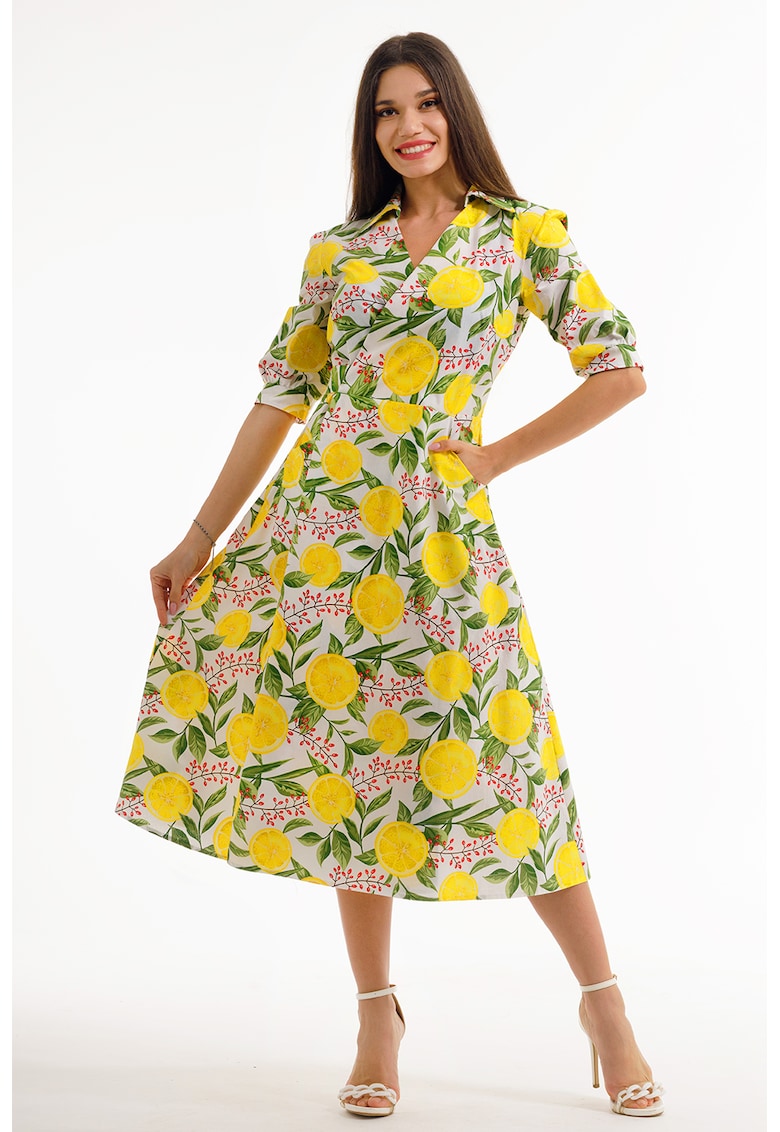 Rochie midi cu decolteu in V - Alb/Verde/Galben sofran