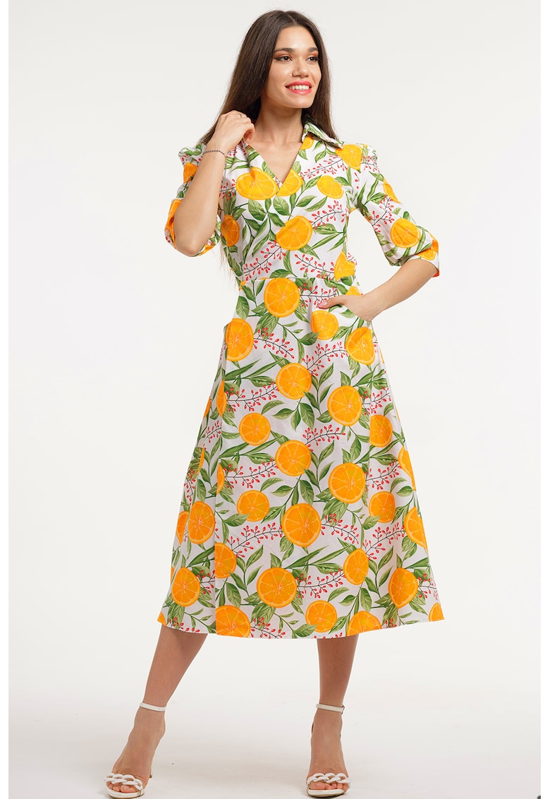 Rochie midi cu decolteu in V - Alb/Verde/Portocaliu