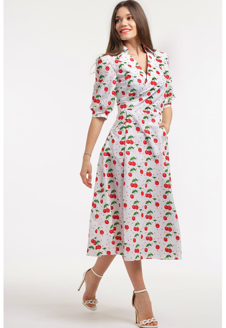 Rochie midi cu decolteu in V - Rosu/Alb/Verde
