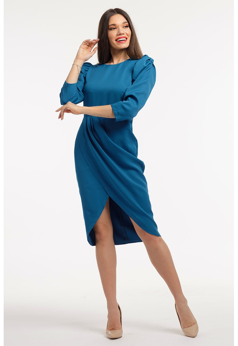 Rochie midi cu maneci bufante - Albastru petrol