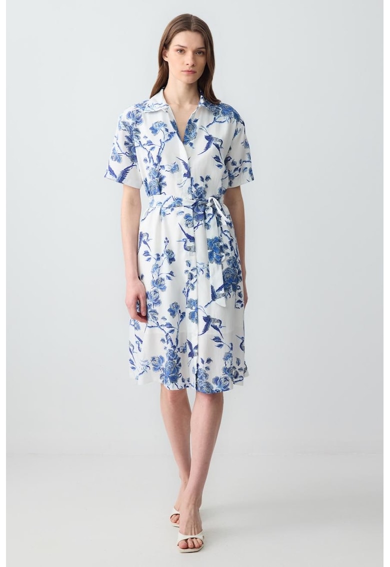 Rochie midi cu model floral - Alb/Albastru petrol