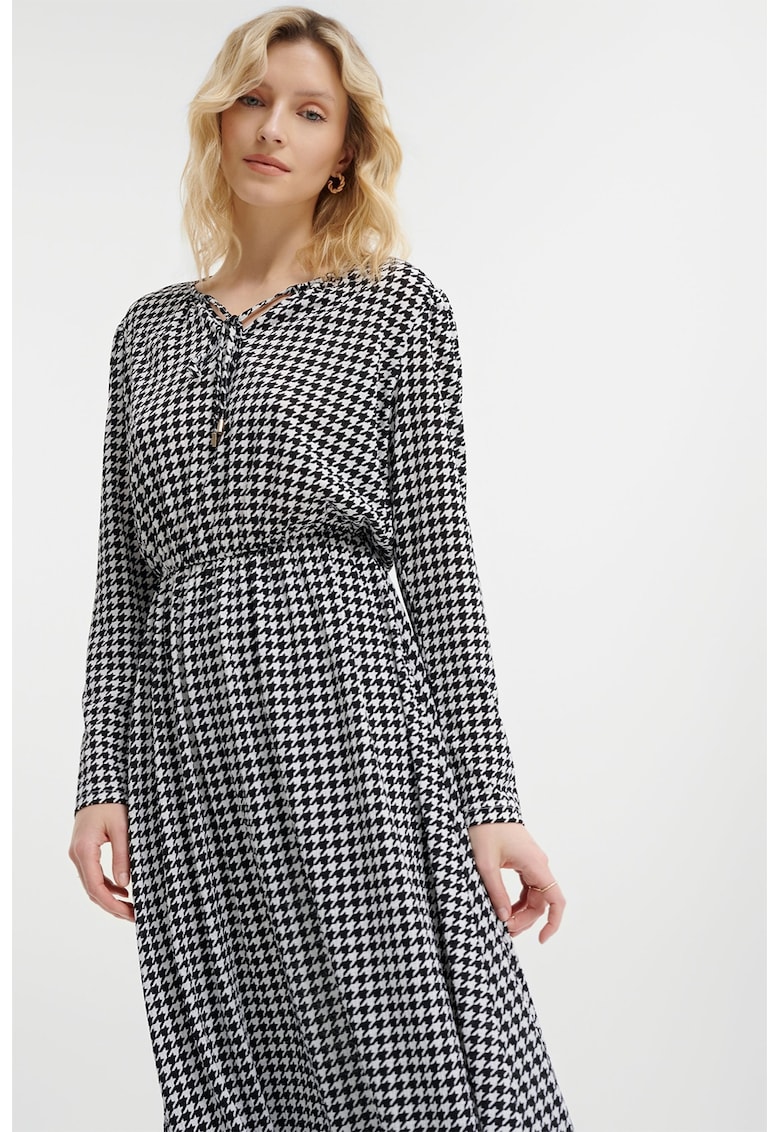 Rochie midi cu model si maneci lungi - Negru/Alb murdar