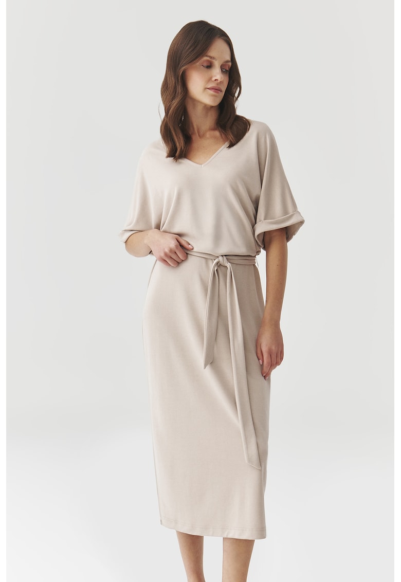 Rochie midi din amestec de nmodal cu cordon in talie - Maro nisip