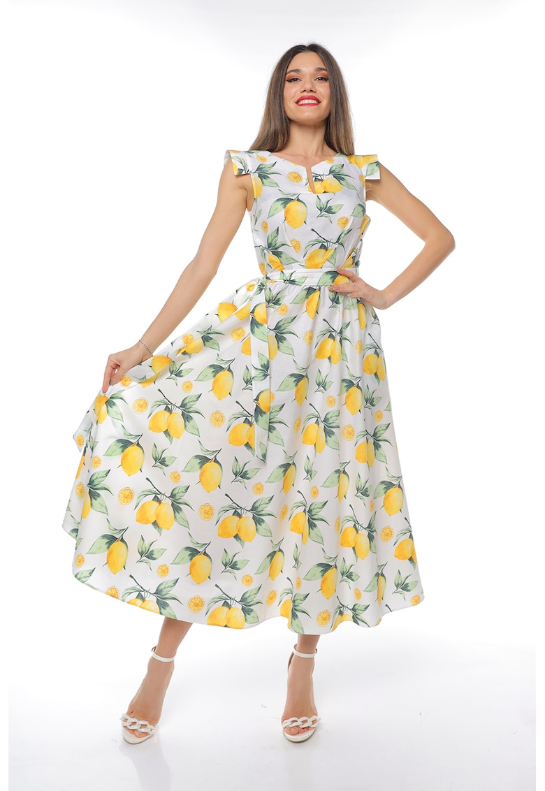 Rochie midi din bumbac cu un cordon - Alb/Verde/Galben