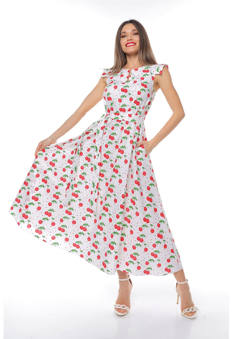 Rochie midi din bumbac cu un cordon - Rosu/Alb/Verde