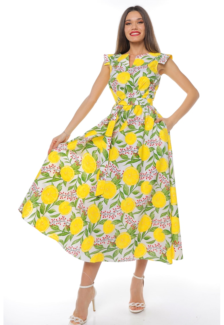 Rochie midi din bumbac cu un cordon - Verde/Alb optic
