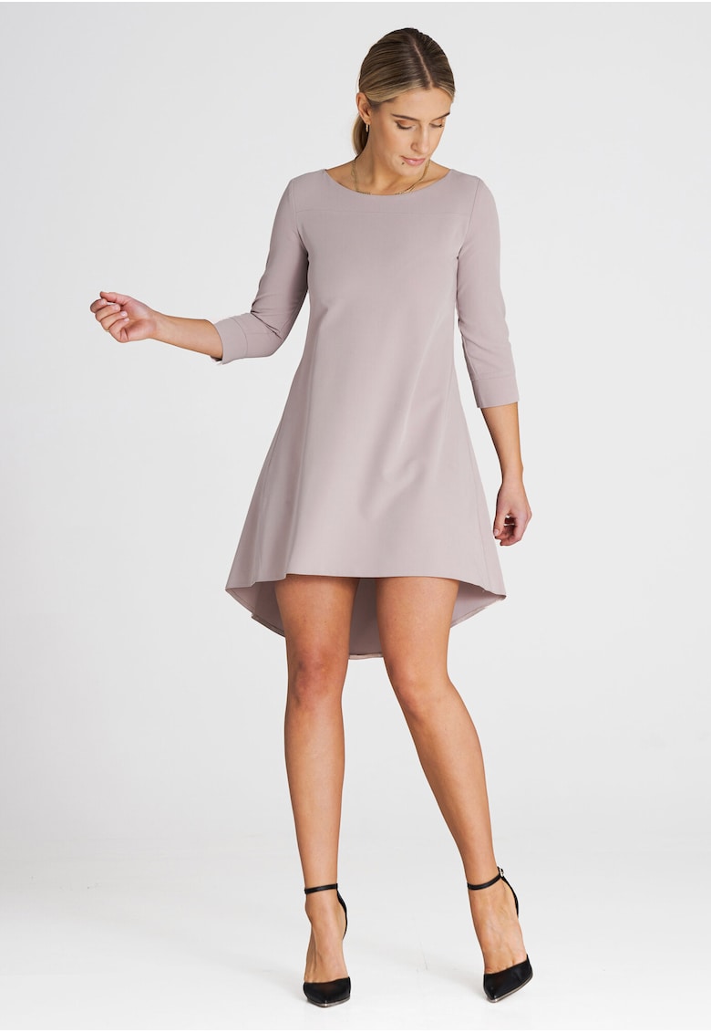 Rochie midi eleganta bej - asimetrica - maneci 3/4 - poliester-viscoza
