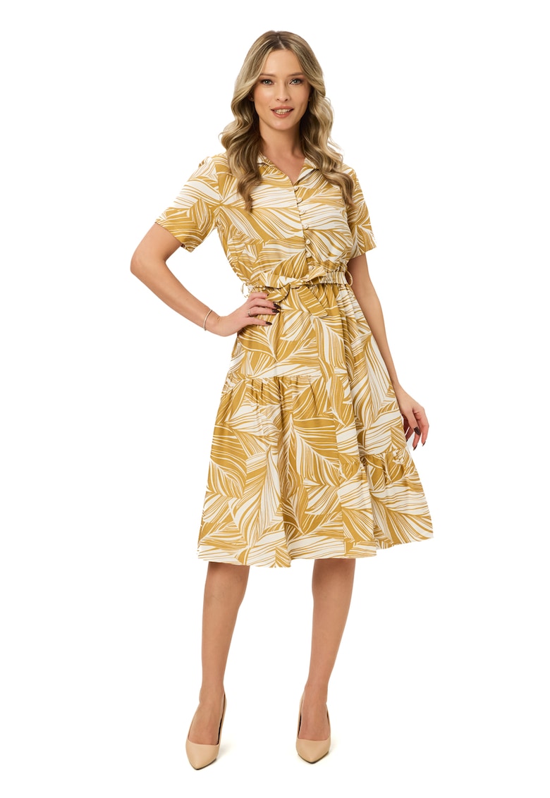 Rochie midi evazata - Alb/Galben pai