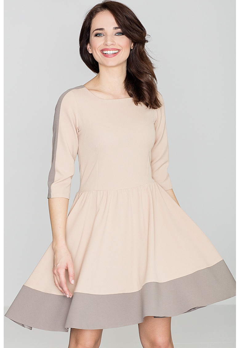 Rochie midi evazata K057 - maneca - bej - poliester