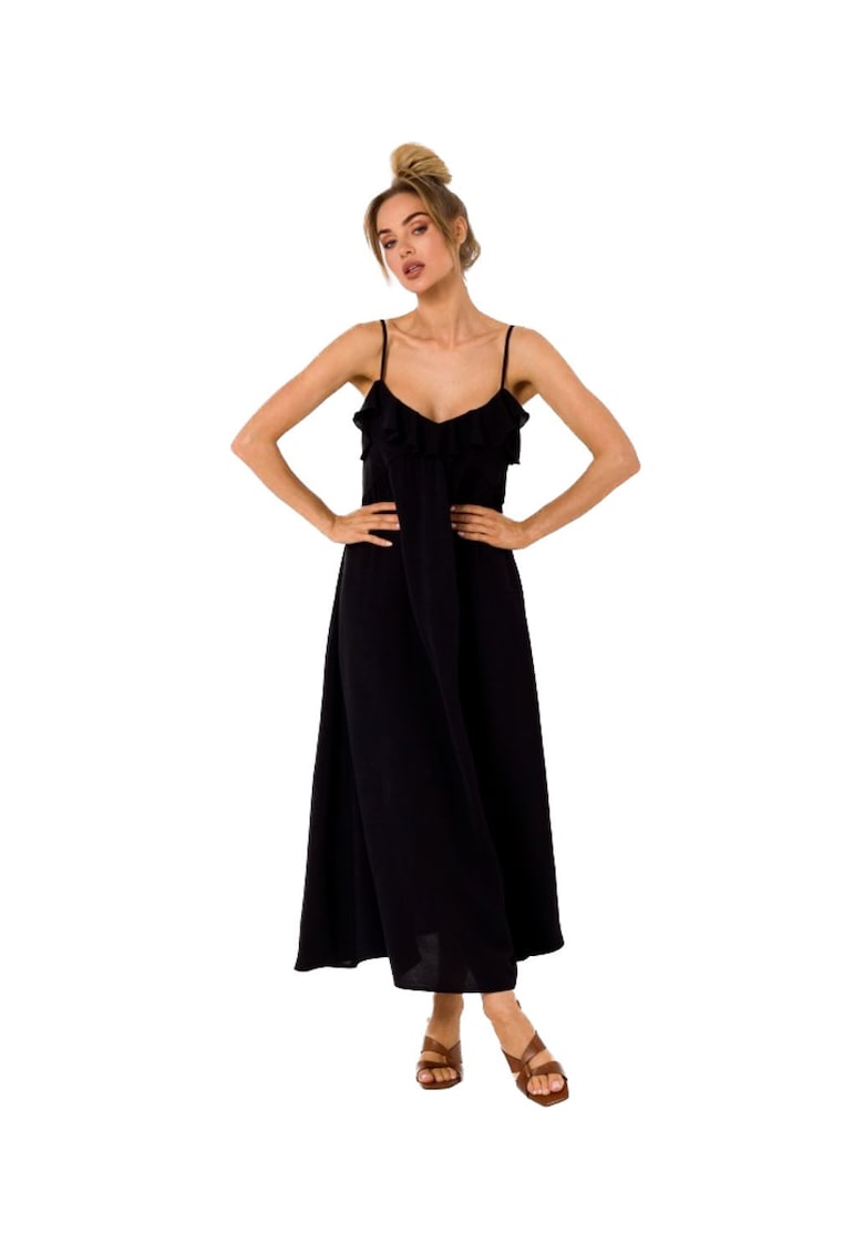 Rochie midi evazata cu bretele subtiri si volane - - Negru