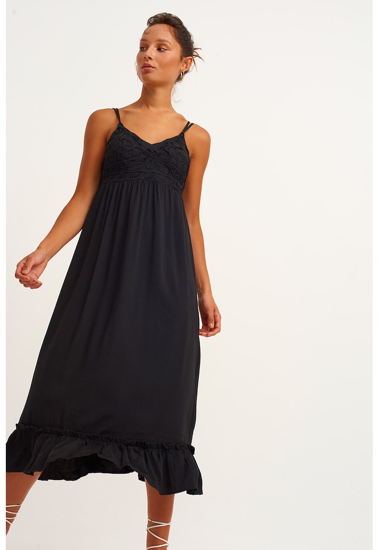 Rochie midi evazata cu decolteu in V si volane - Negru