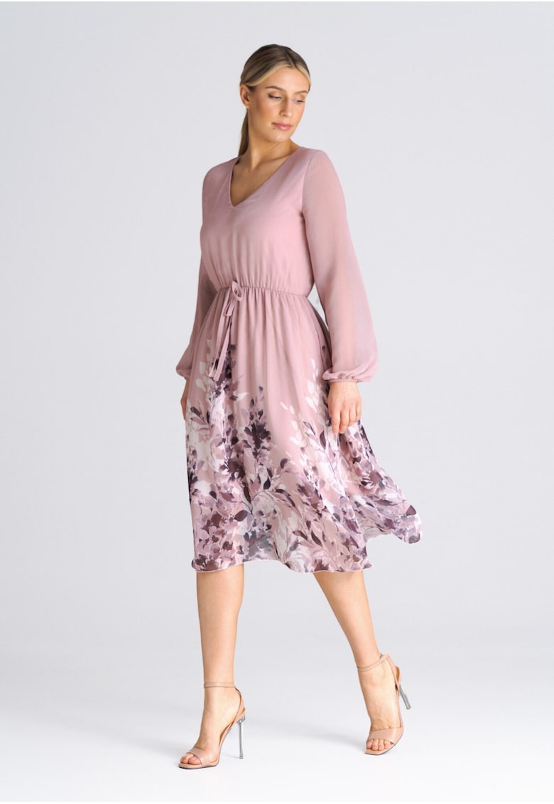 Rochie midi evazata -  roz - poliester
