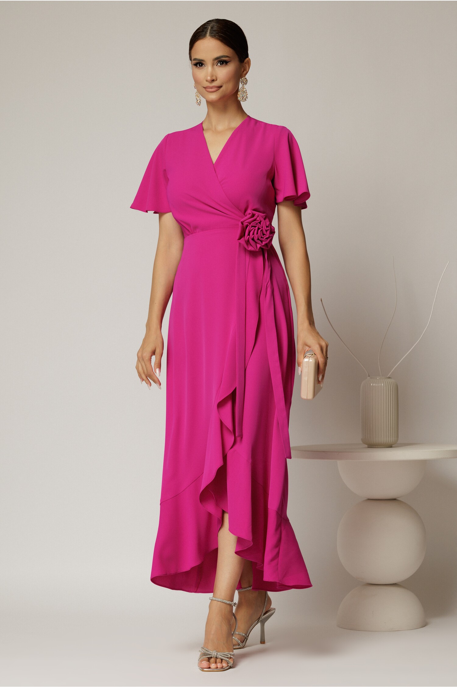 Rochie midi fucsia din triplu voal cu croi petrecut