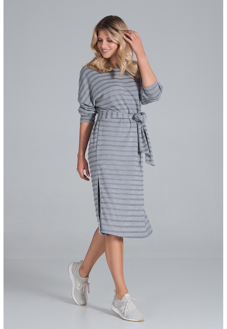 Rochie midi gri cu dungi - maneci lungi - poliester -