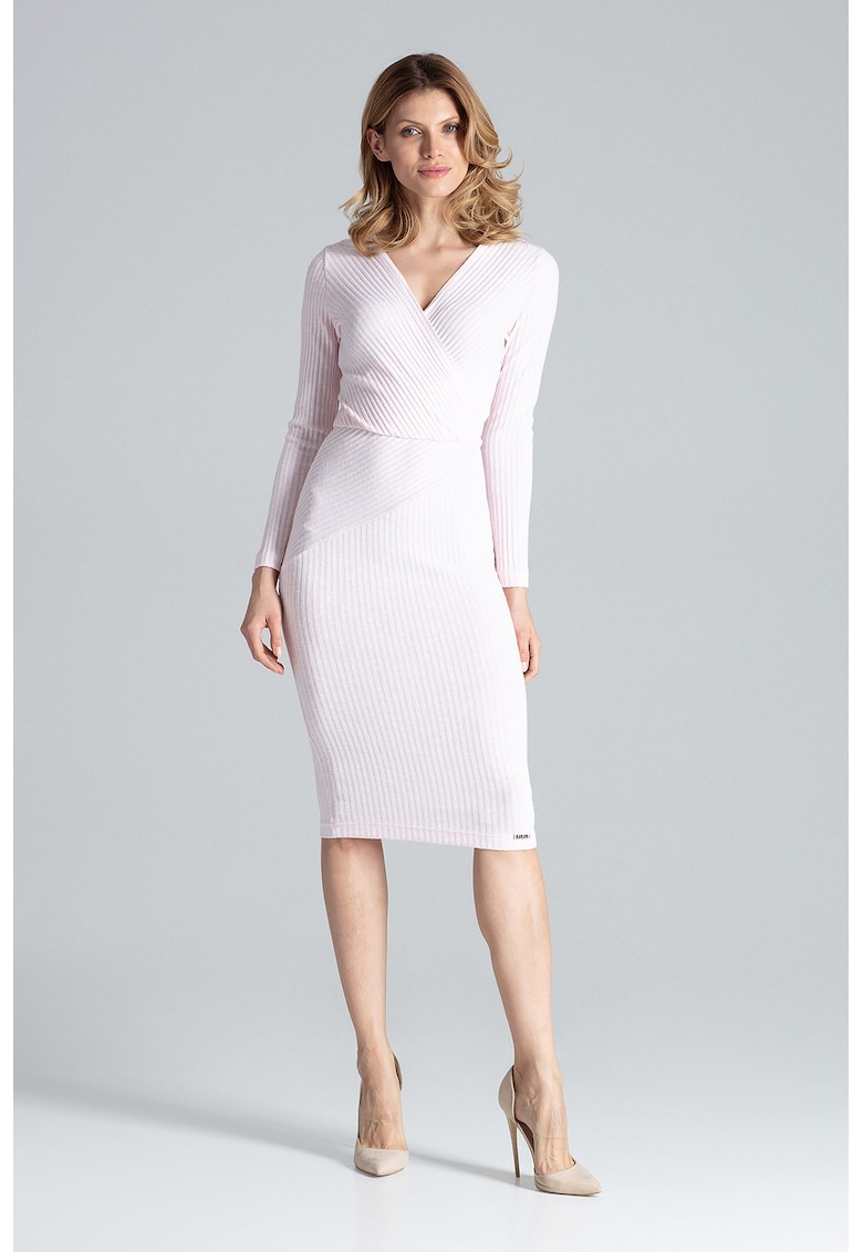 Rochie midi -  maneci lungi - decolteu cu coaste - roz - viscoza