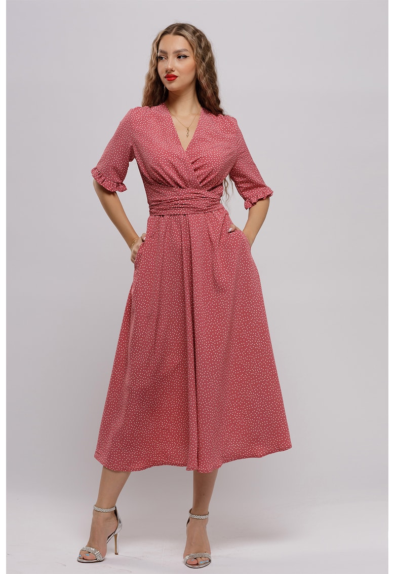 Rochie midi petrecuta cu model - Roz prafuit