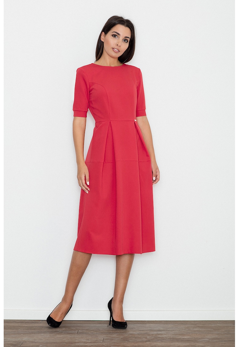 Rochie midi rosie - eleganta - cu maneci scurte - poliester