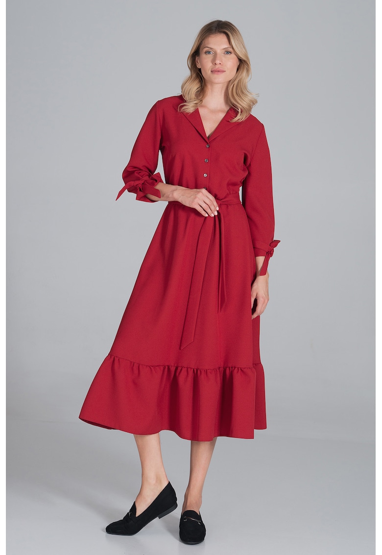 Rochie midi rosie - poliester - cu curea - volane -