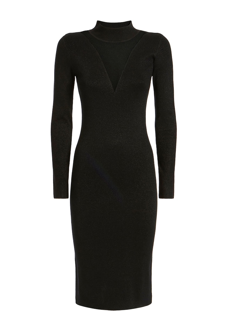 Rochie midi tricotata cu segment transparent - Negru
