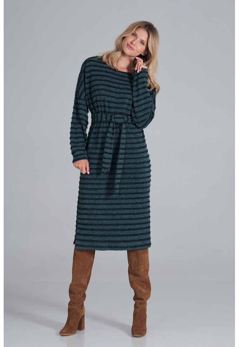 Rochie midi verde cu dungi - tricotata - maneci lungi - poliester -