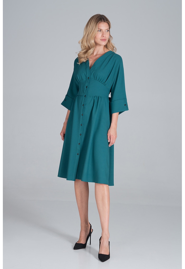Rochie midi  verde - cu nasturi - maneci 3/4 - poliester -