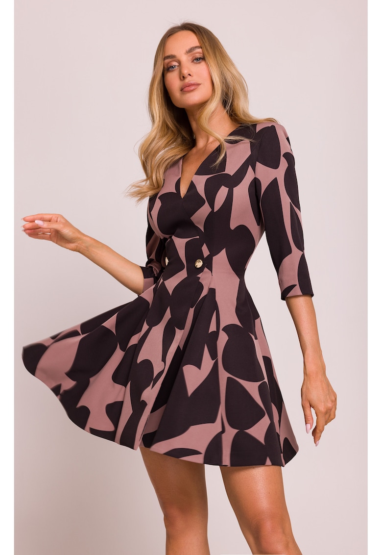 Rochie mini cu insertii evazate si imprimeu - - Negru/Gri