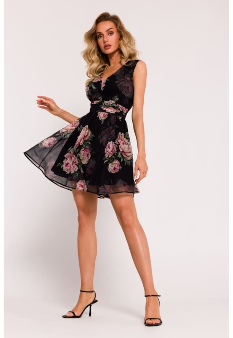 Rochie mini din sifon cu decolteu - Negru