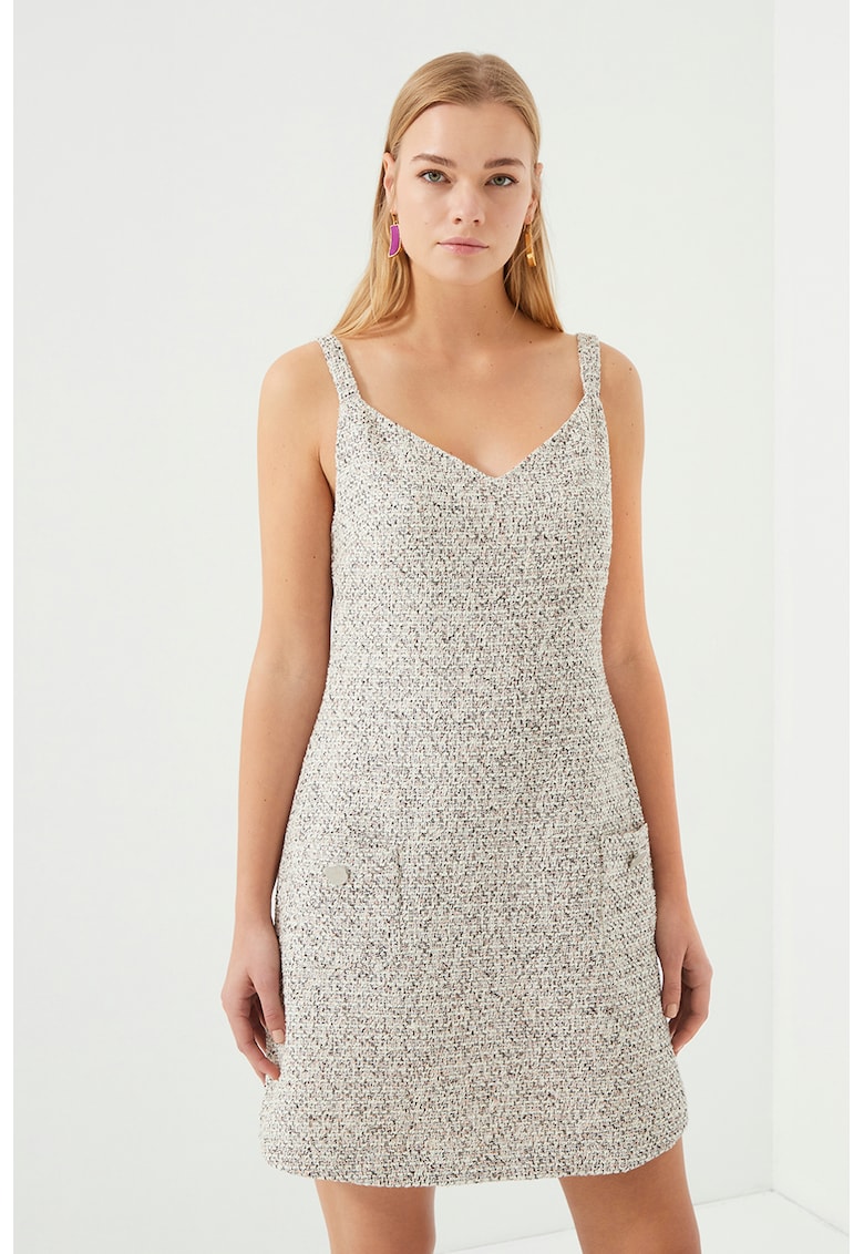 Rochie mini fara maneci - cu croiala in A si buzunare aplicate - Gri deschis melange