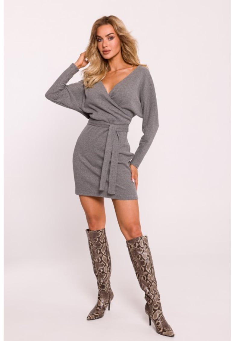 Rochie mini texturata cu decolteu cache-coeur - Gri melange