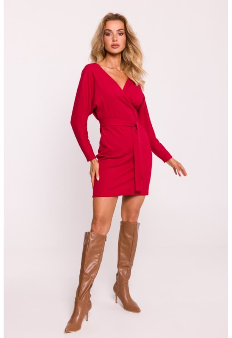 Rochie mini texturata cu decolteu cache-coeur - Rosu