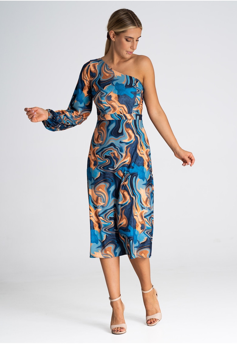 Rochie model abstract - cu un singur umar - cu maneci lungi - multicolor - poliester