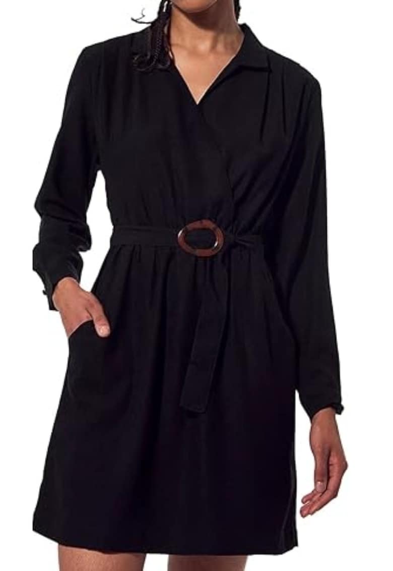Rochie  neagra - cu volane si curea - din poliester - pentru femei -