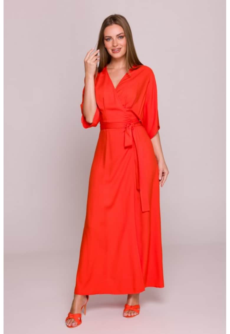 Rochie petrecuta maxi cu curea in talie - - Coral
