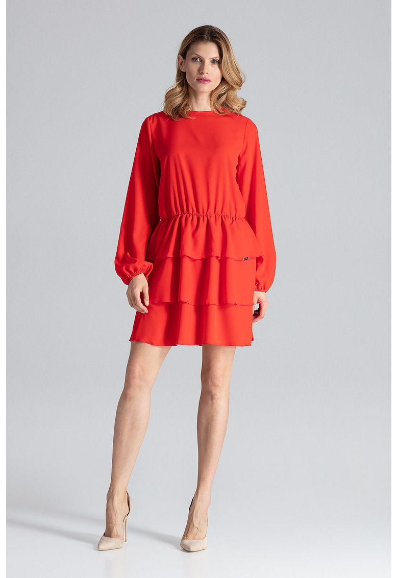 Rochie rosie - eleganta - cu volane - poliester