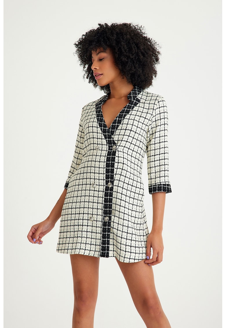 Rochie-sacou din tuid in carouri - Alb/Negru