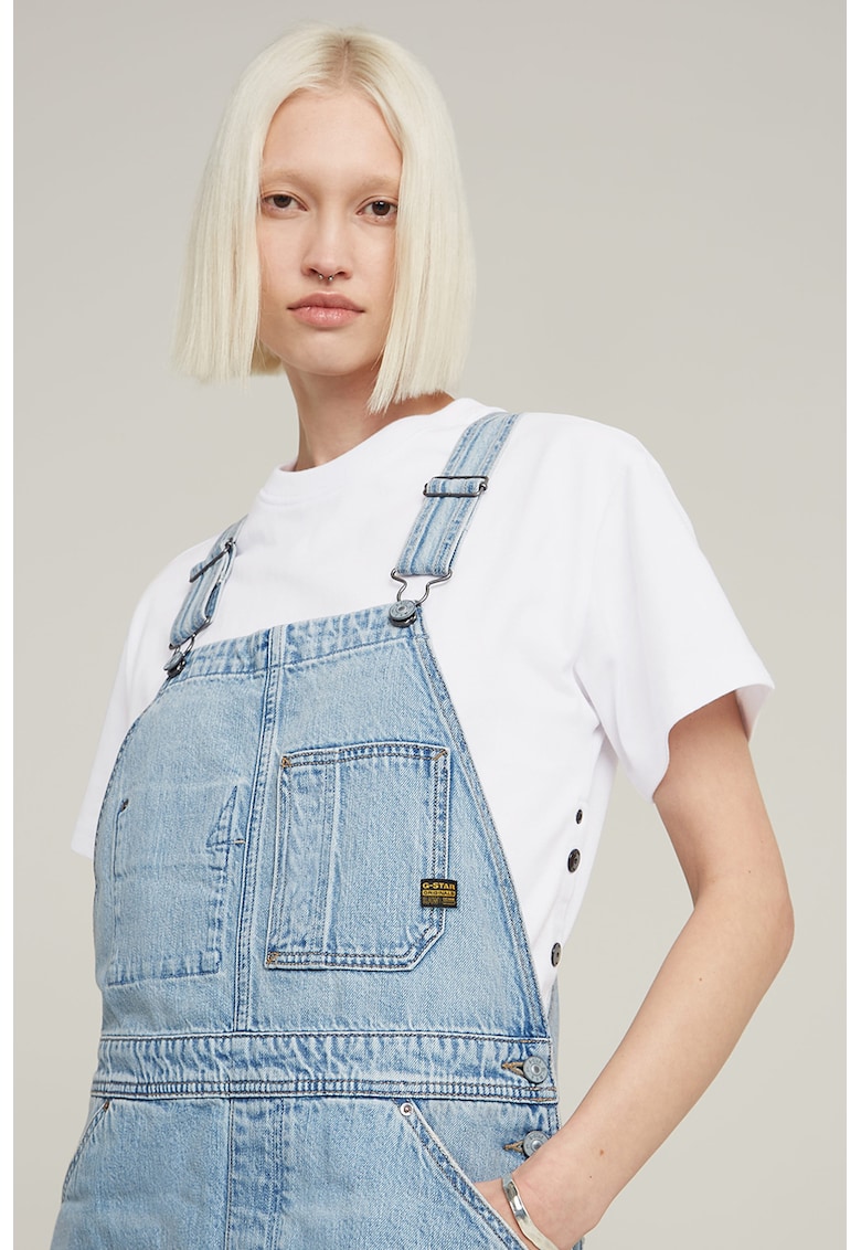 Rochie-sarafan din denim cu slit frontal - Albastru deschis melange