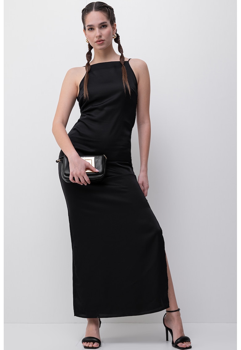 Rochie satinara cu slit lateral Chigo - Negru