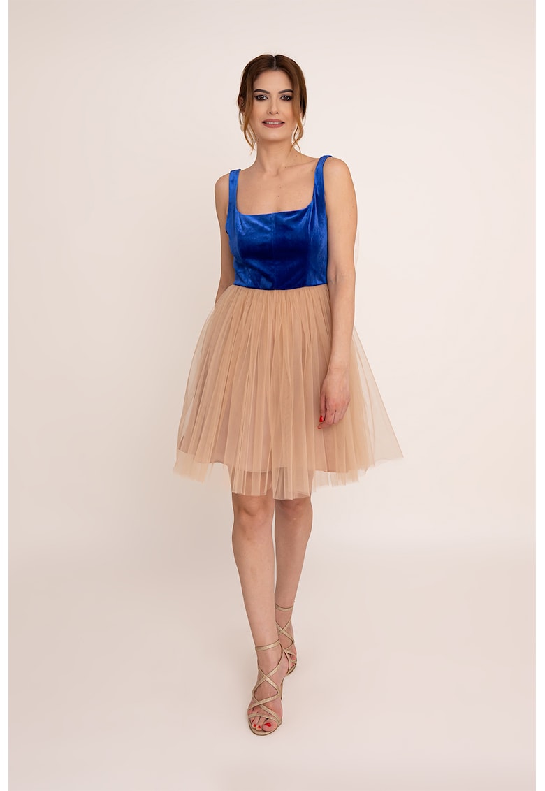 Rochie scurta cu funda Valeria - Albastru royal/Maro nisip