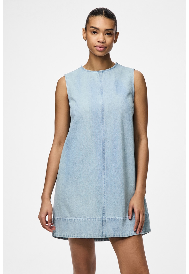 Rochie scurta din material chambray si croiala in A - Albastru lavanda