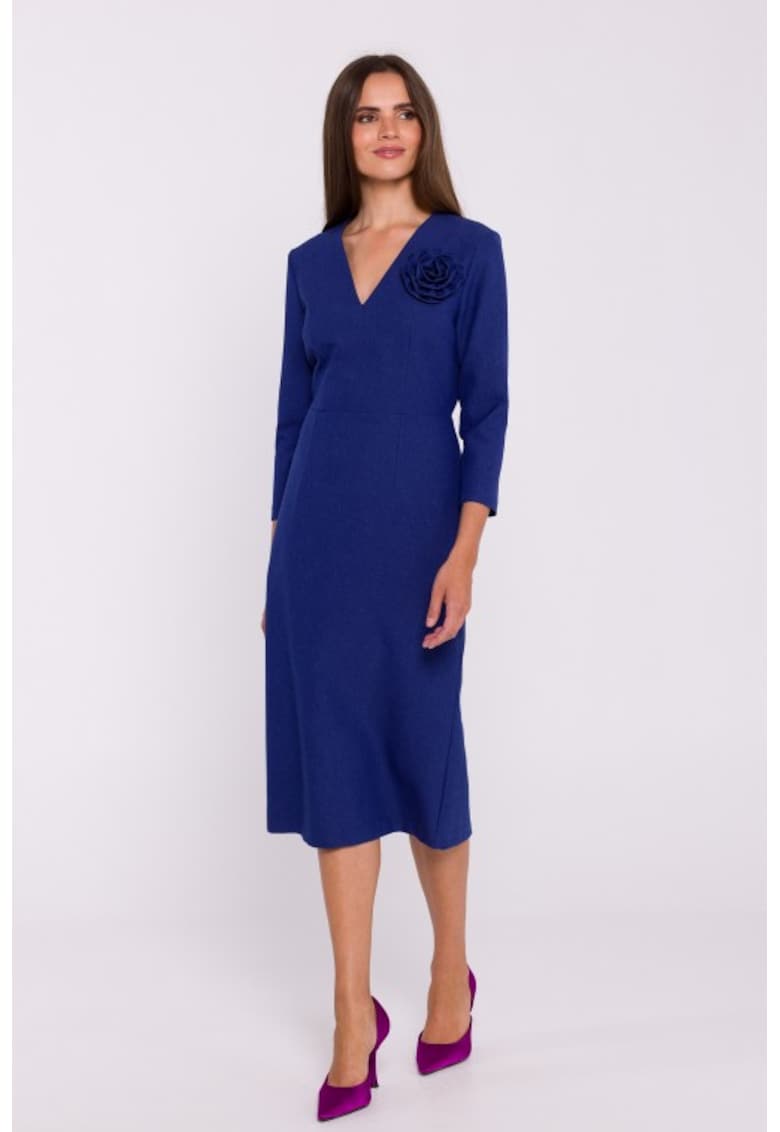 Rochie simpla midi cu decolteu in V - Albastru