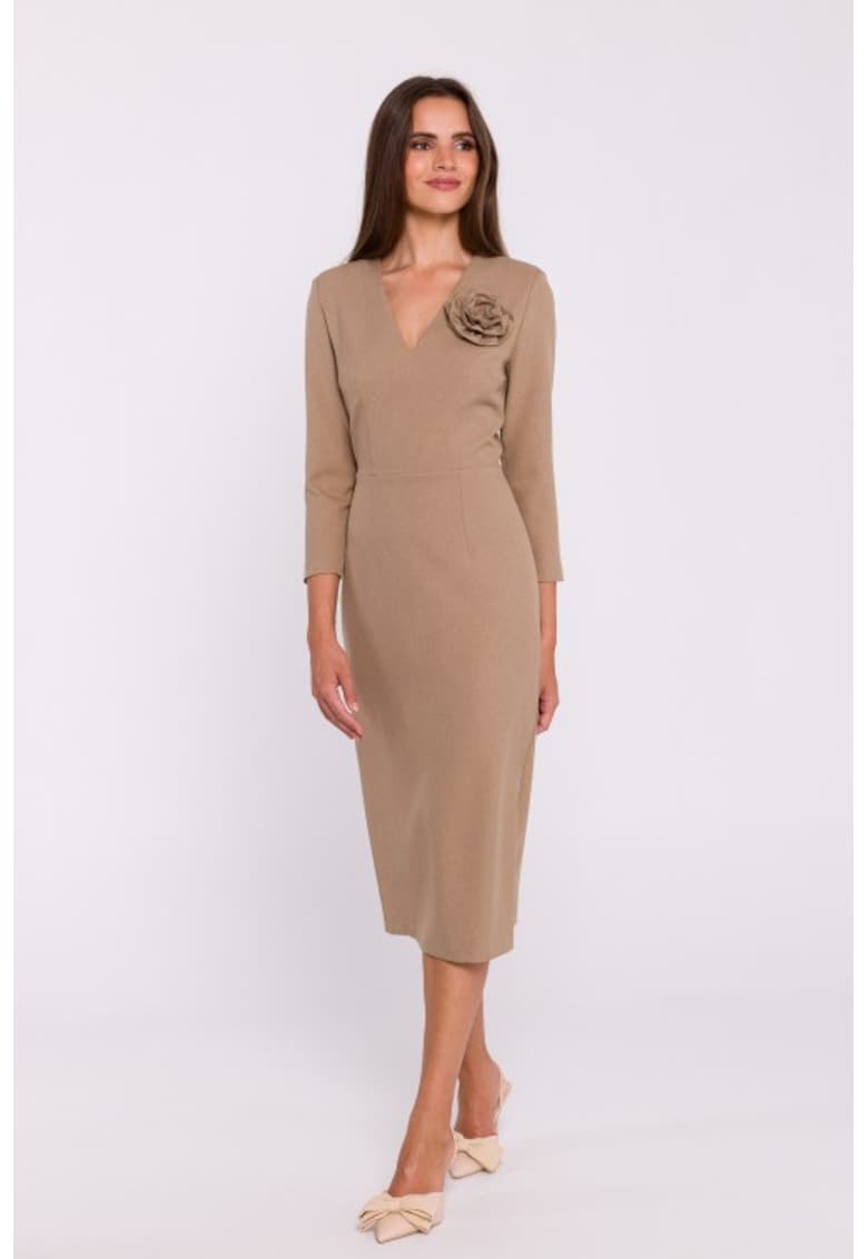 Rochie simpla midi cu decolteu in V - Bej