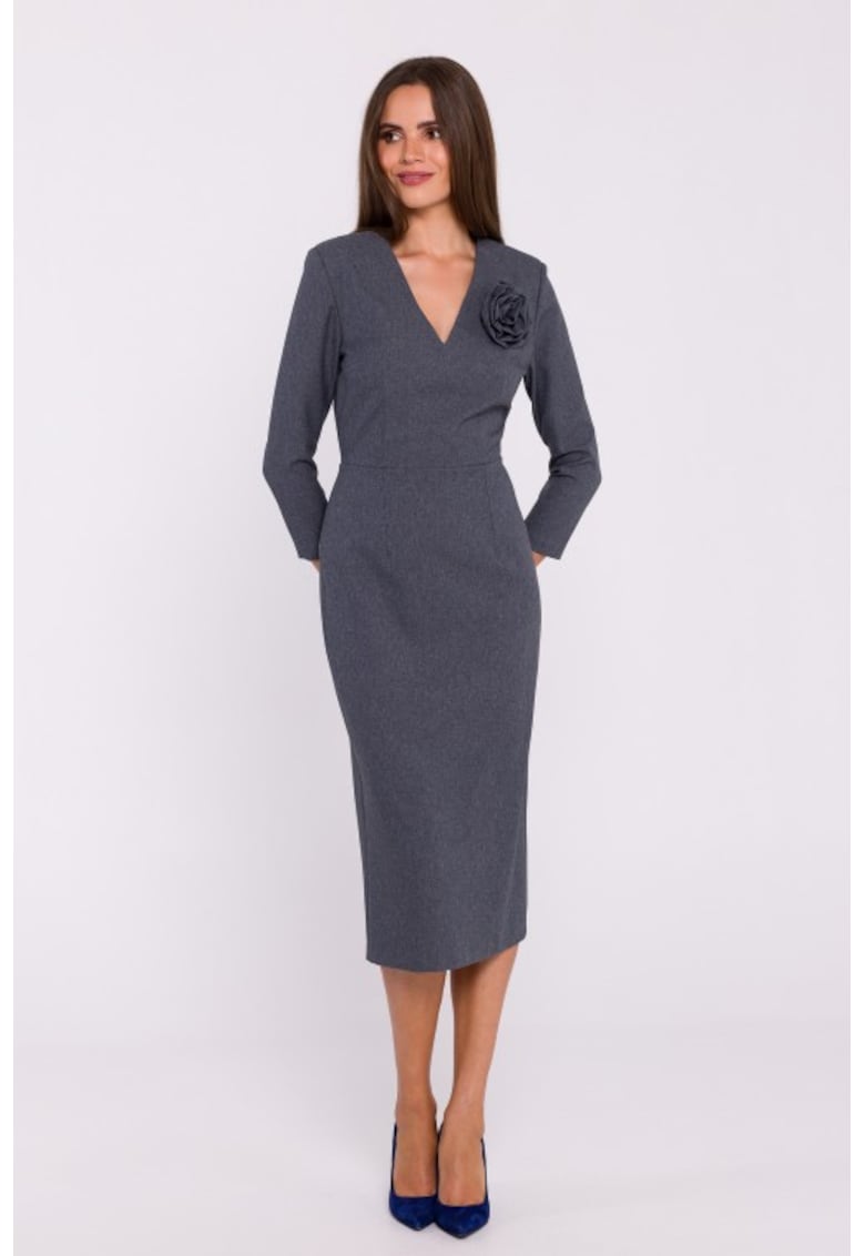 Rochie simpla midi cu decolteu in V - Gri
