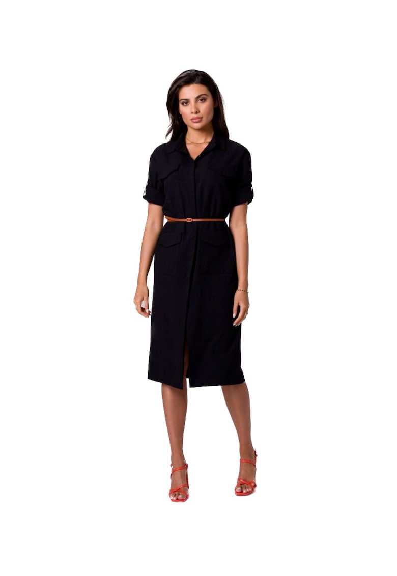 Rochie tip camasa cu buzunare - - Negru