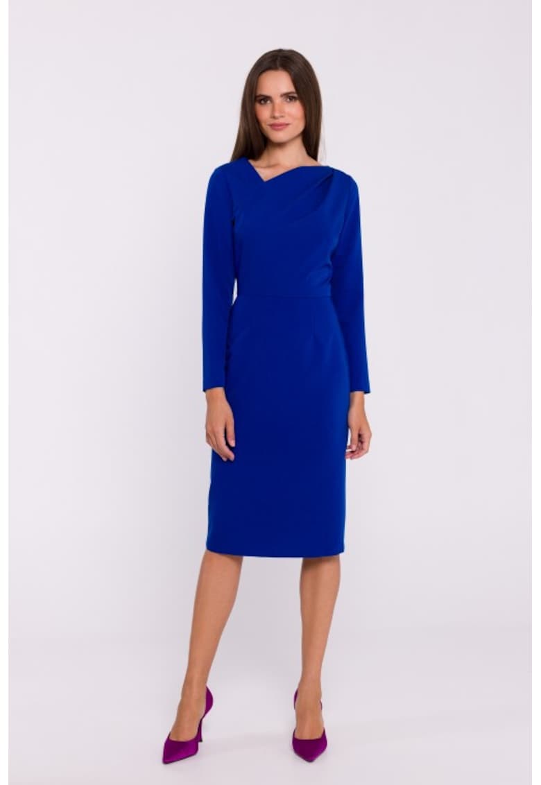 Rochie tip creion cu decolteu asimetric - Albastru royal