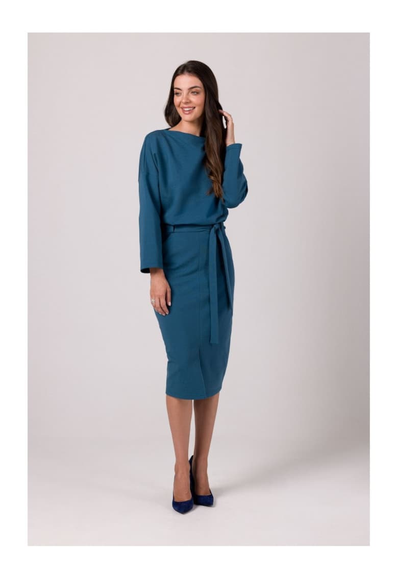 Rochie tip creion midi cu brau - - Albastru inchis