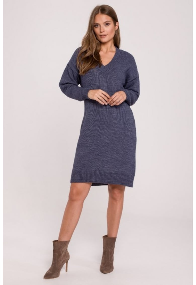 Rochie tip pulover cu decolteu in V - - Albastru